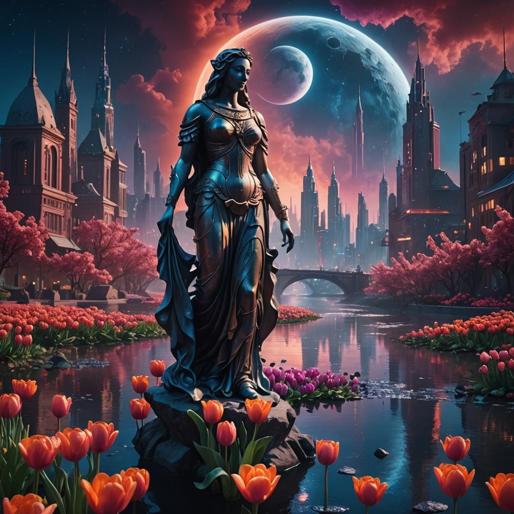 Futuristic Cityscape with Goddess Statue and Luminous Tulips