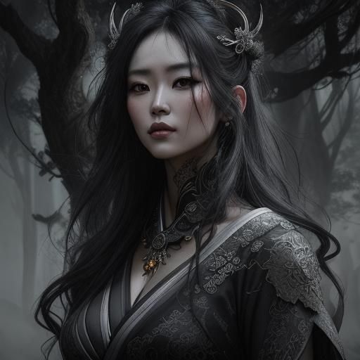 Geisha in Dark Fantasy Landscape Charcoal Drawing