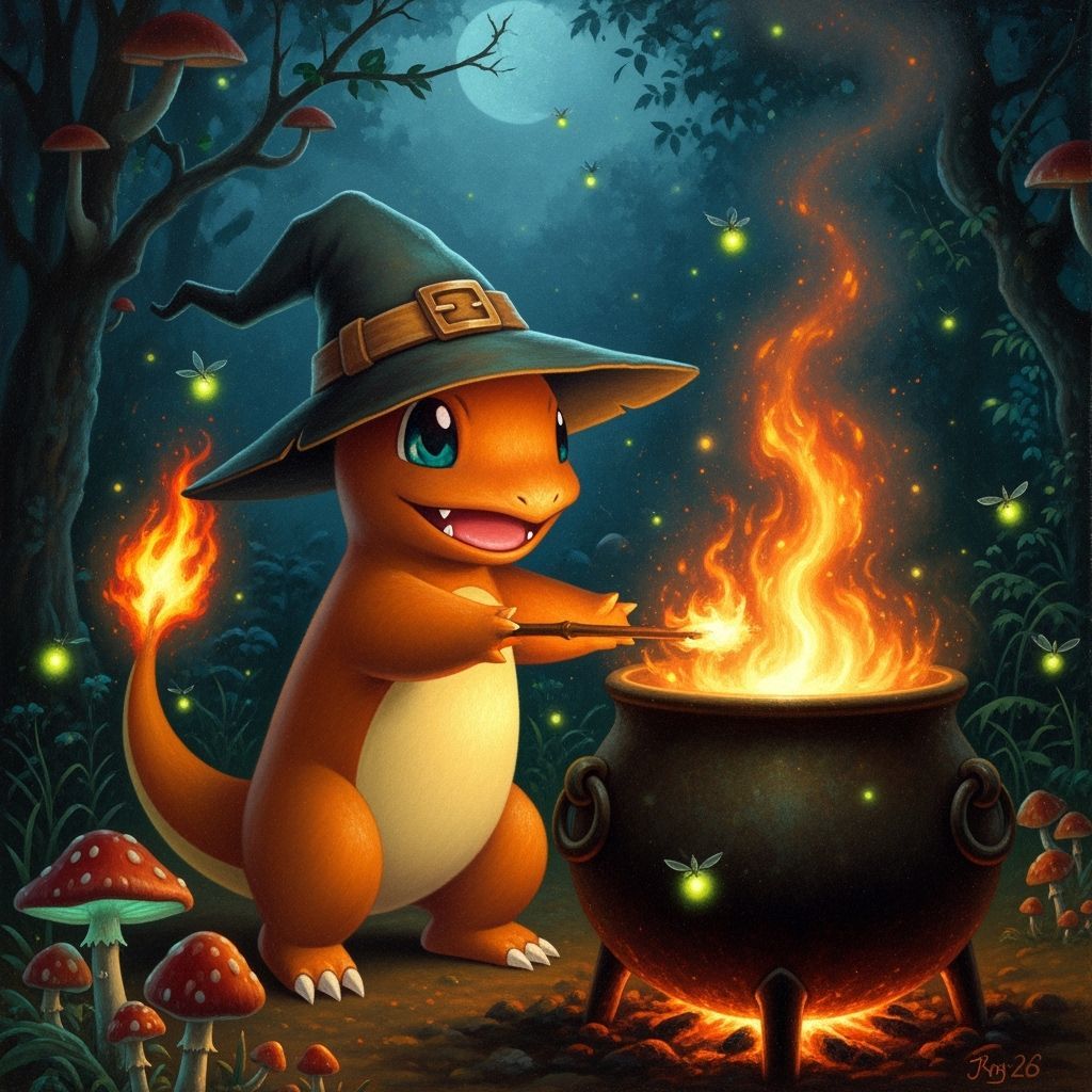 Charmander Ignites Cauldron in Mystical Oil Painting