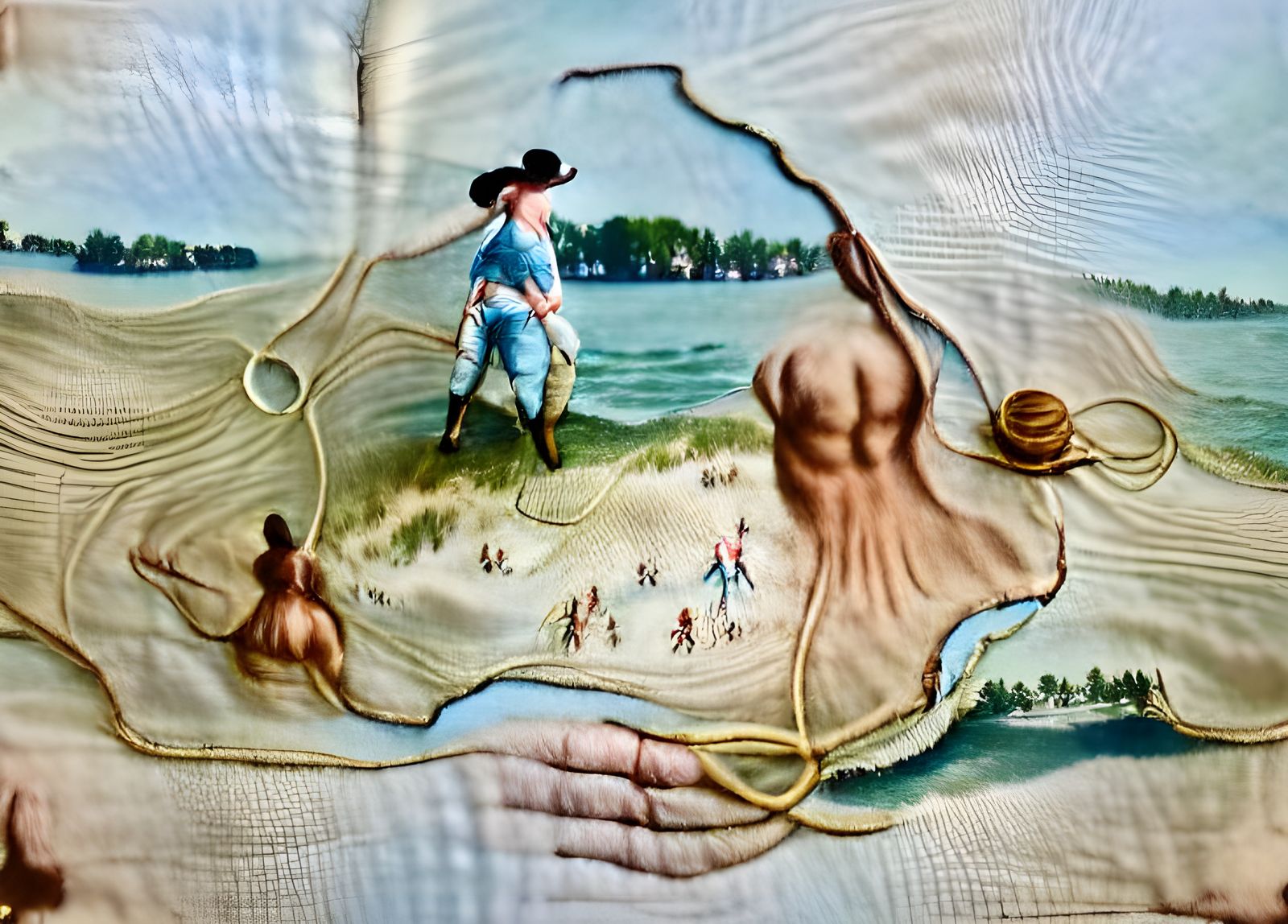 A hand roping a lasso into the nipple peak of a patch of wooden trap sand or quicksand. Michigan Beach