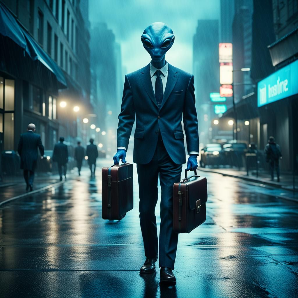 Alien Executive Strolls Through Rainy City Streets