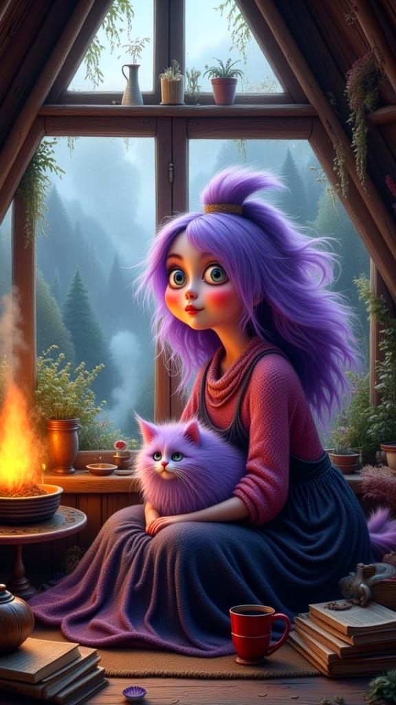 Cozy Cabin Scene With Woman and Purple Kitty