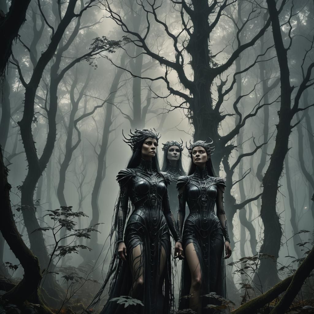 Athena and Artemis in Misty Forest, Surreal Art