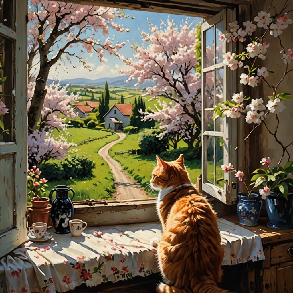 Cherry Blossom Lane with Ginger Cat