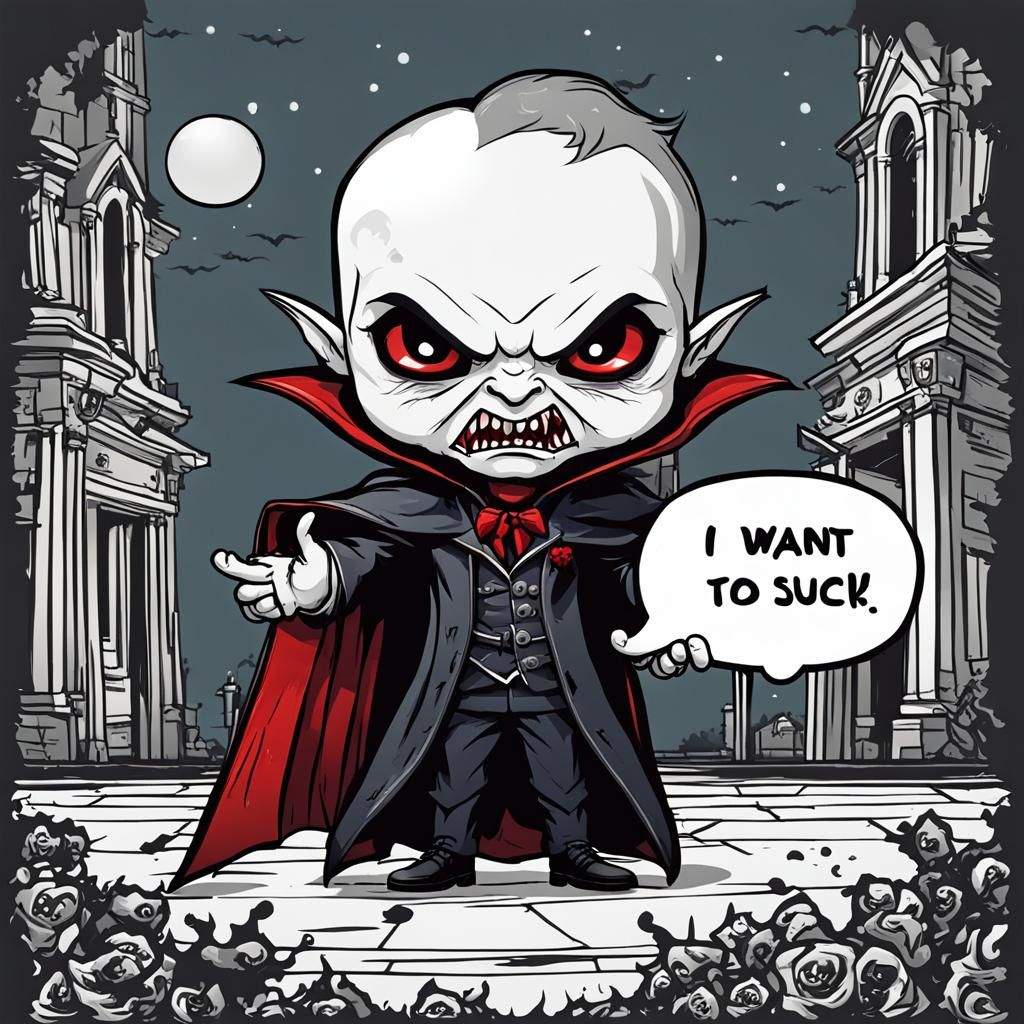 cute chibi vampire with "I want to suck your blood!" in a sp...