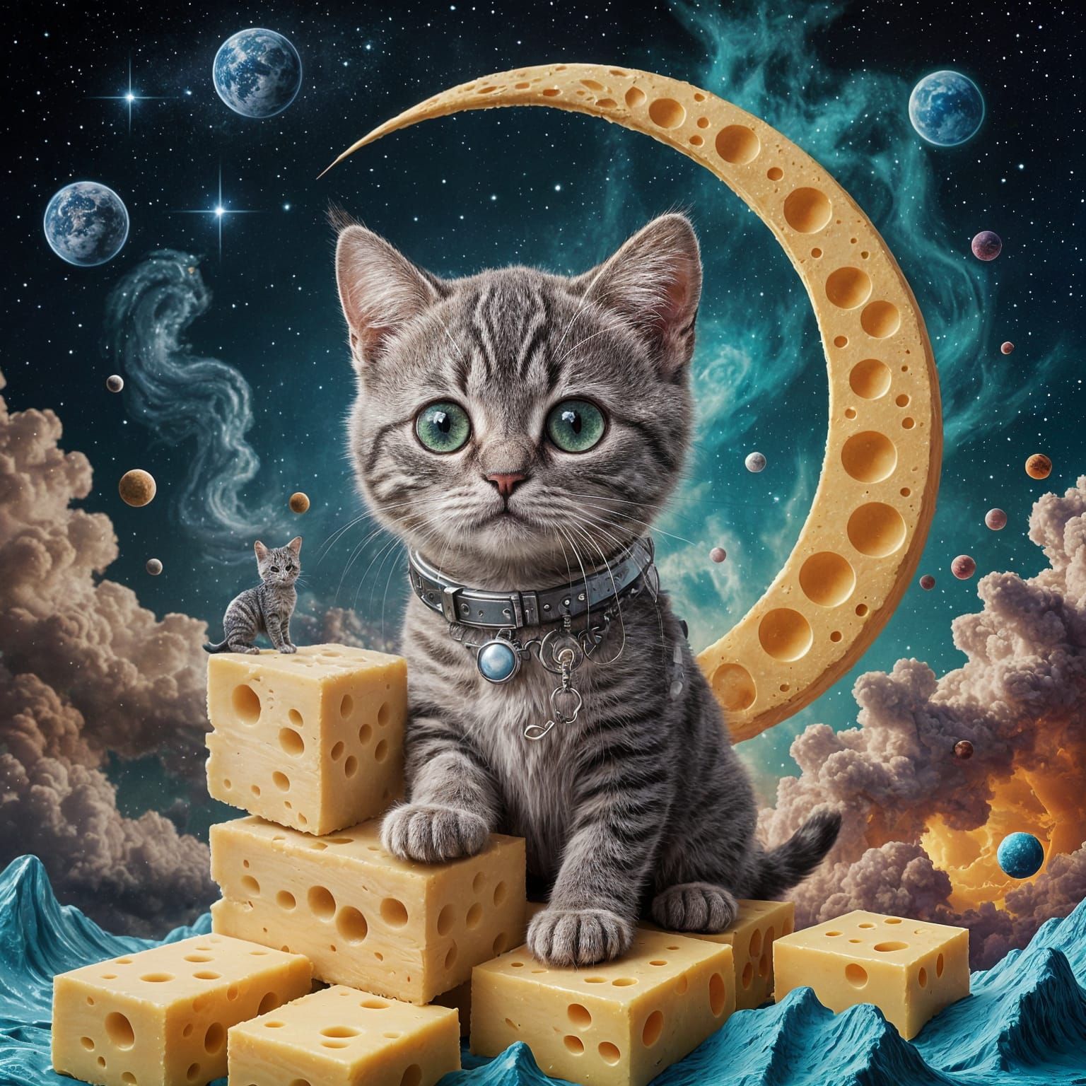 Whimsical Kitten Astronaut on Cheese Moon in Cosmic Surreali...