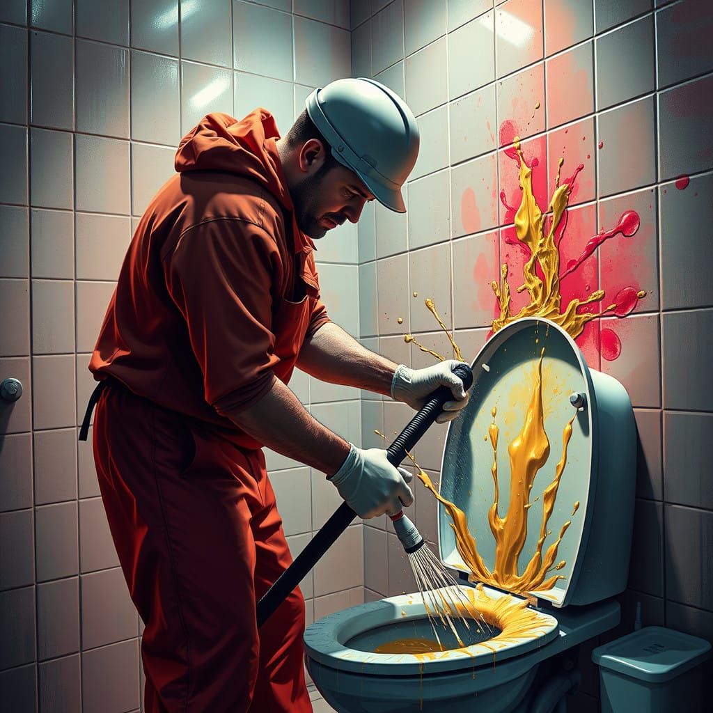 Janitor in Vivid Detail Cleaning Toilet in Bathroom