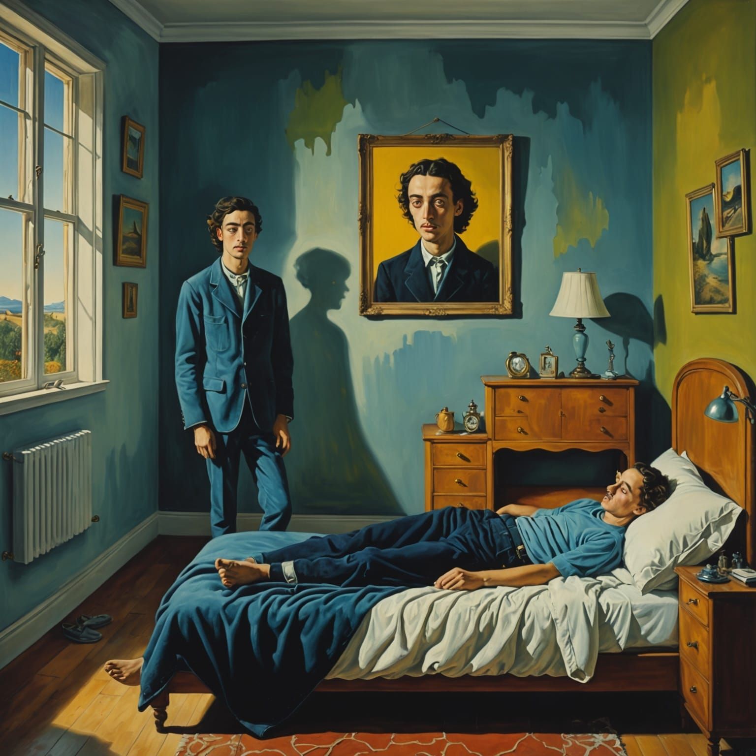 Surreal Teenager in Bedroom, Dali-Inspired Oil Painting