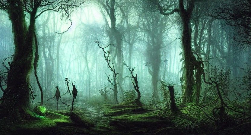 Ethereal Ghostly Figures in a Mysterious Forest