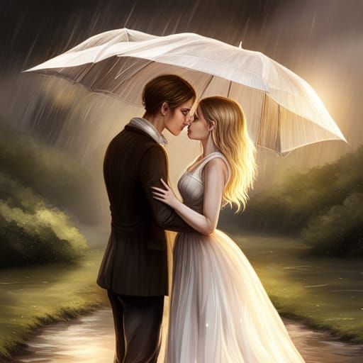 Romantic Kiss in Rain: Hyperrealistic Digital Art