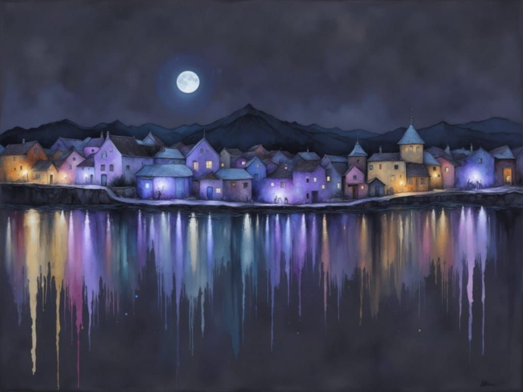 Seaside Village Under Full Moon, Hyperrealistic Style
