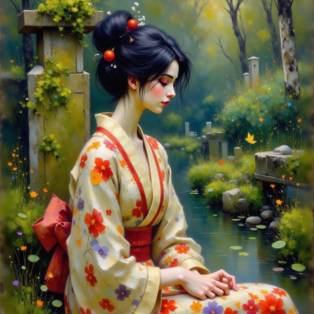Impressionist Oil Painting of a Japanese Woman in a Forest