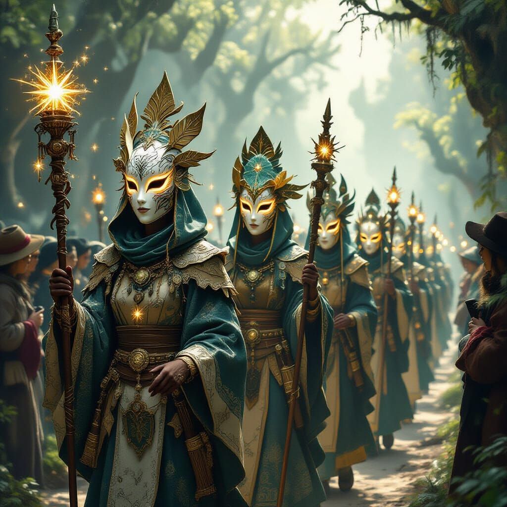 Mystical Procession with Glowing Moss Masks and Starlight St...