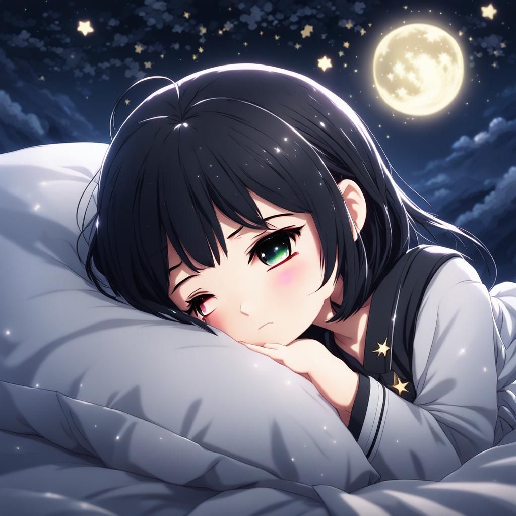 Depressed Chibi Girl Sleeping in Starry Night
