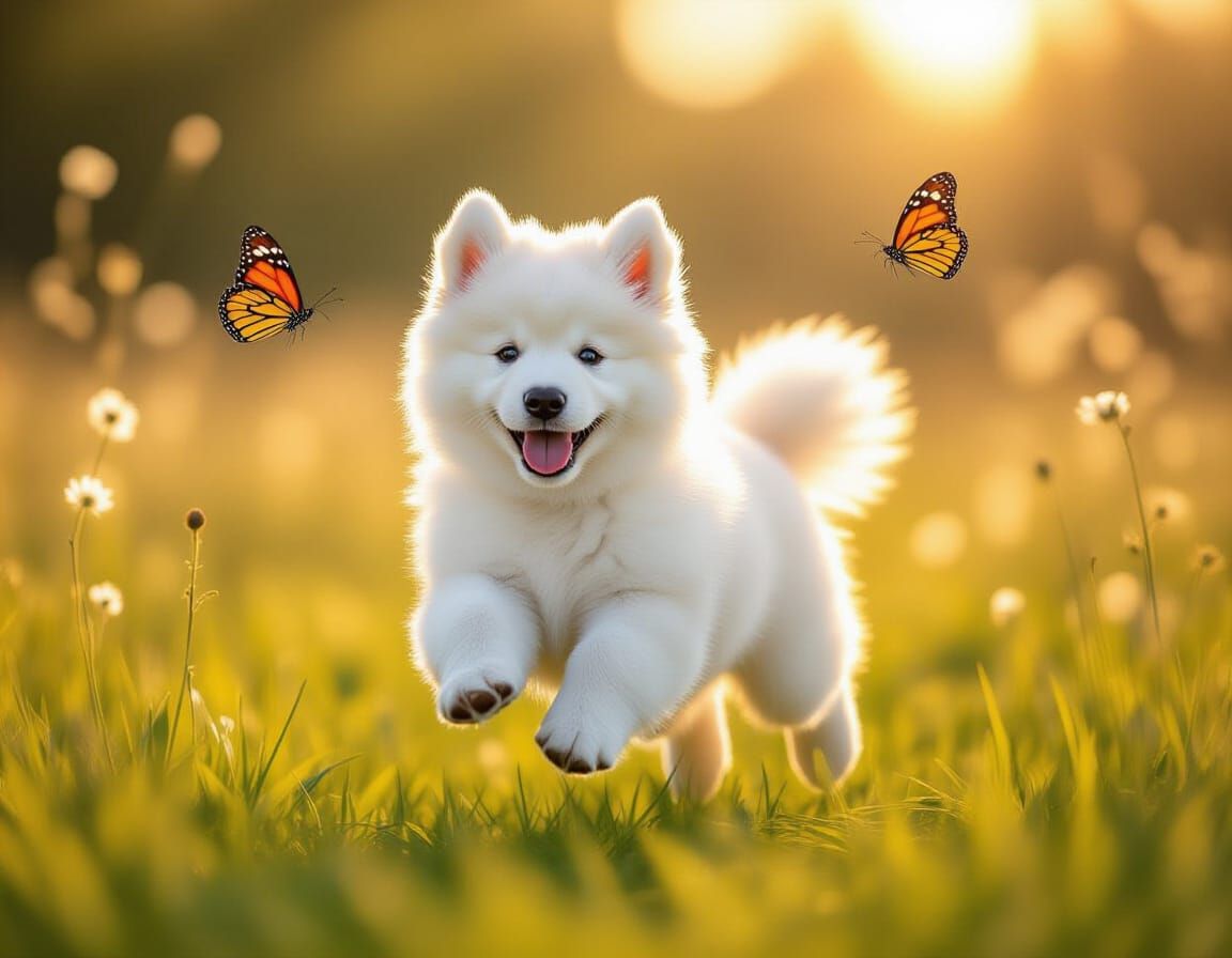 Samoyed Puppy Chasing Butterfly in Golden Hour Meadow