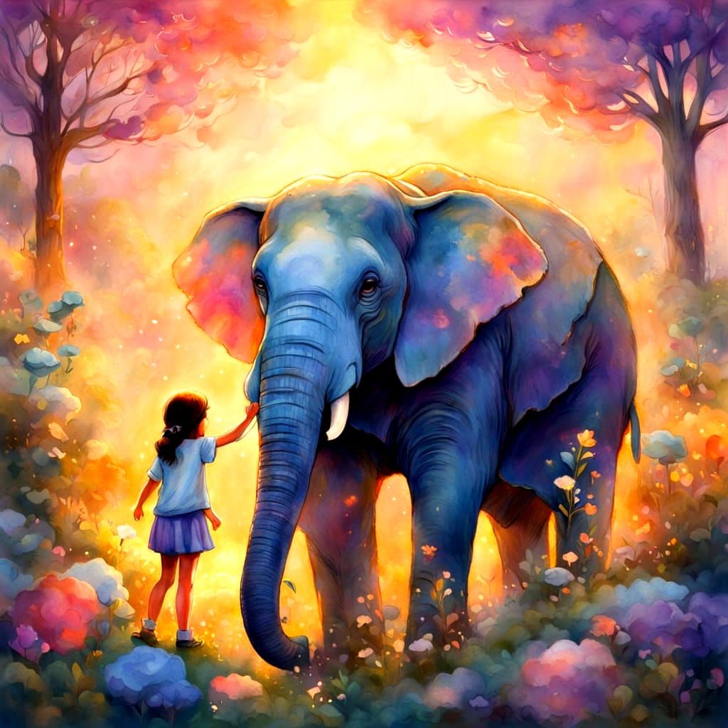 Girl Hugging Elephant in Watercolor Storybook Style