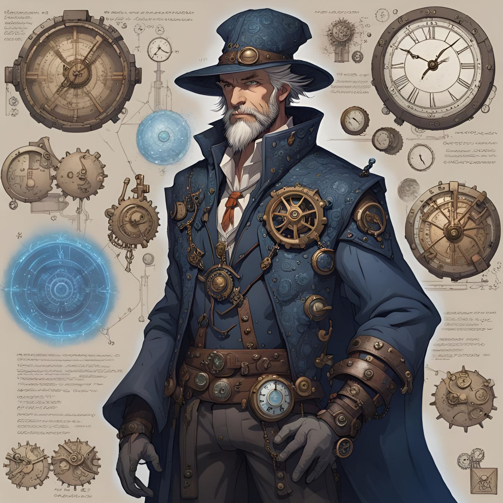 Hyperdetailed character sheet, an image and concept art of a ciberpunk male mage inventor, mid aged, in the style of bla...