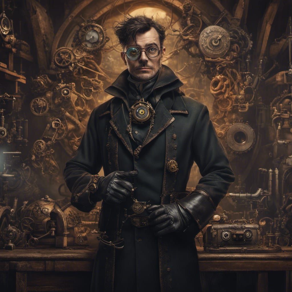 scary steampunk-inventor in black robe, wearing round pilot ...