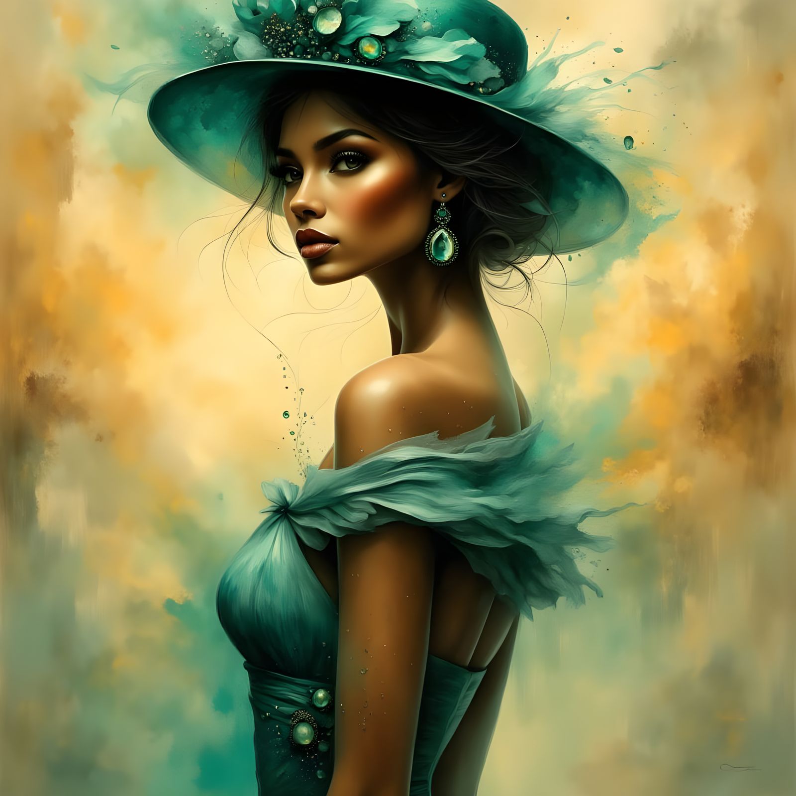 Elegant African American Woman in Pastel and Emerald Oil Pai...