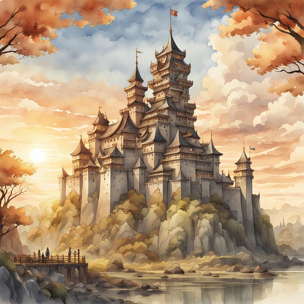 Medieval Castle with New Towers in Watercolor Style