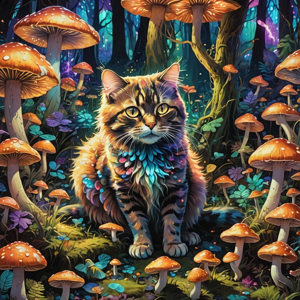 Psychedelic Cat in Iridescent Mushroom Forest