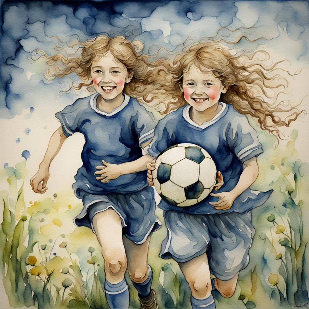 Happy Girls Play Football in Watercolour