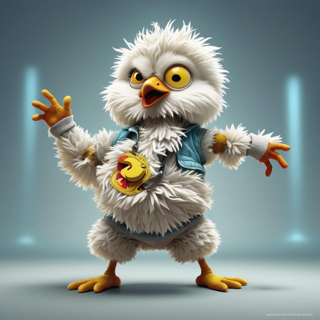Funny Fluffy Chick Breakdancing Caricature with Volumetric L...