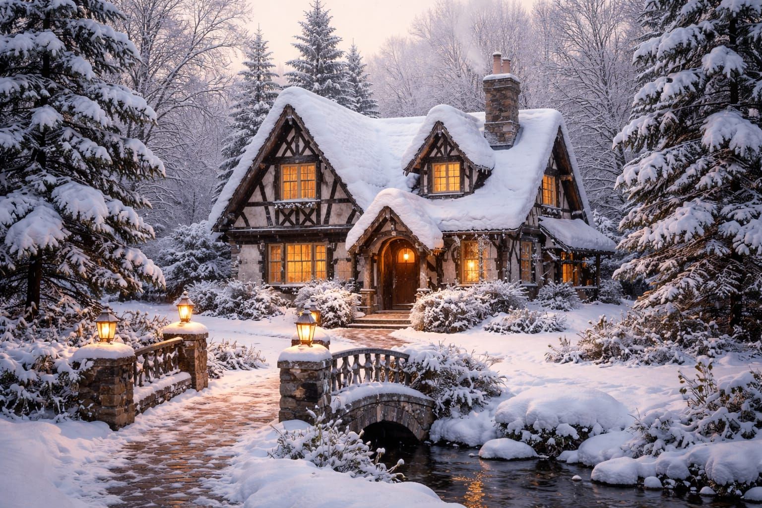Cozy Tudor Cottage in Snowy Winter Landscape
