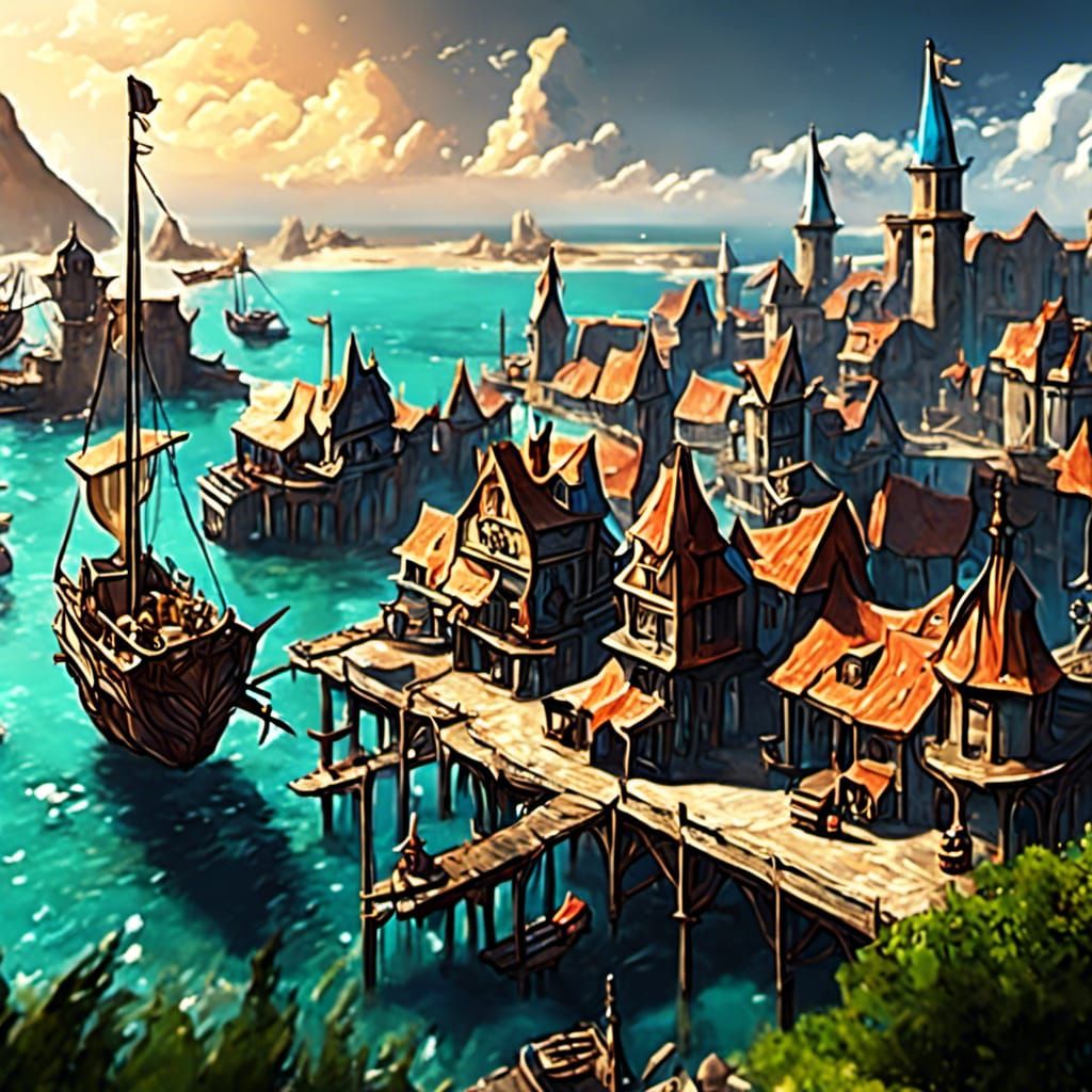 Fantasy Port City on Astral Sea: Detailed Matte Painting