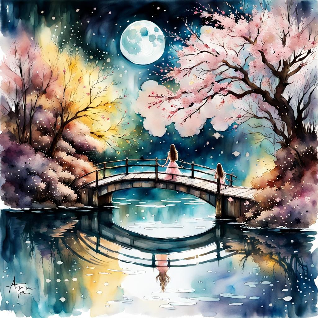 Fantasy Lake with Cherry Blossoms in Watercolor Style