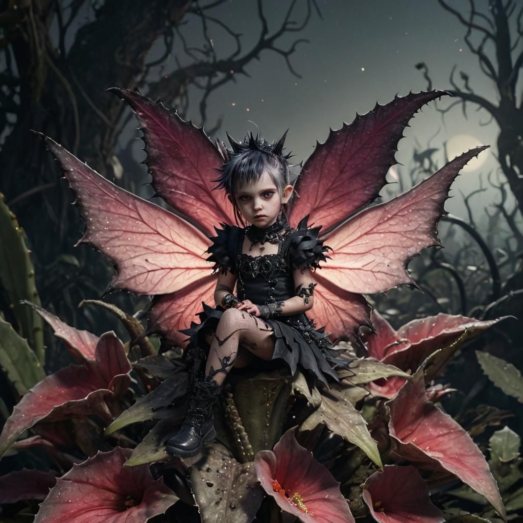 Goth Punk Fairy in Giant Flower, Detailed Art