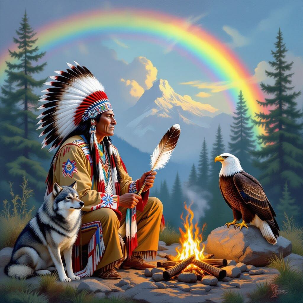 Rainbow Warrior Chief with Wolf and Eagle