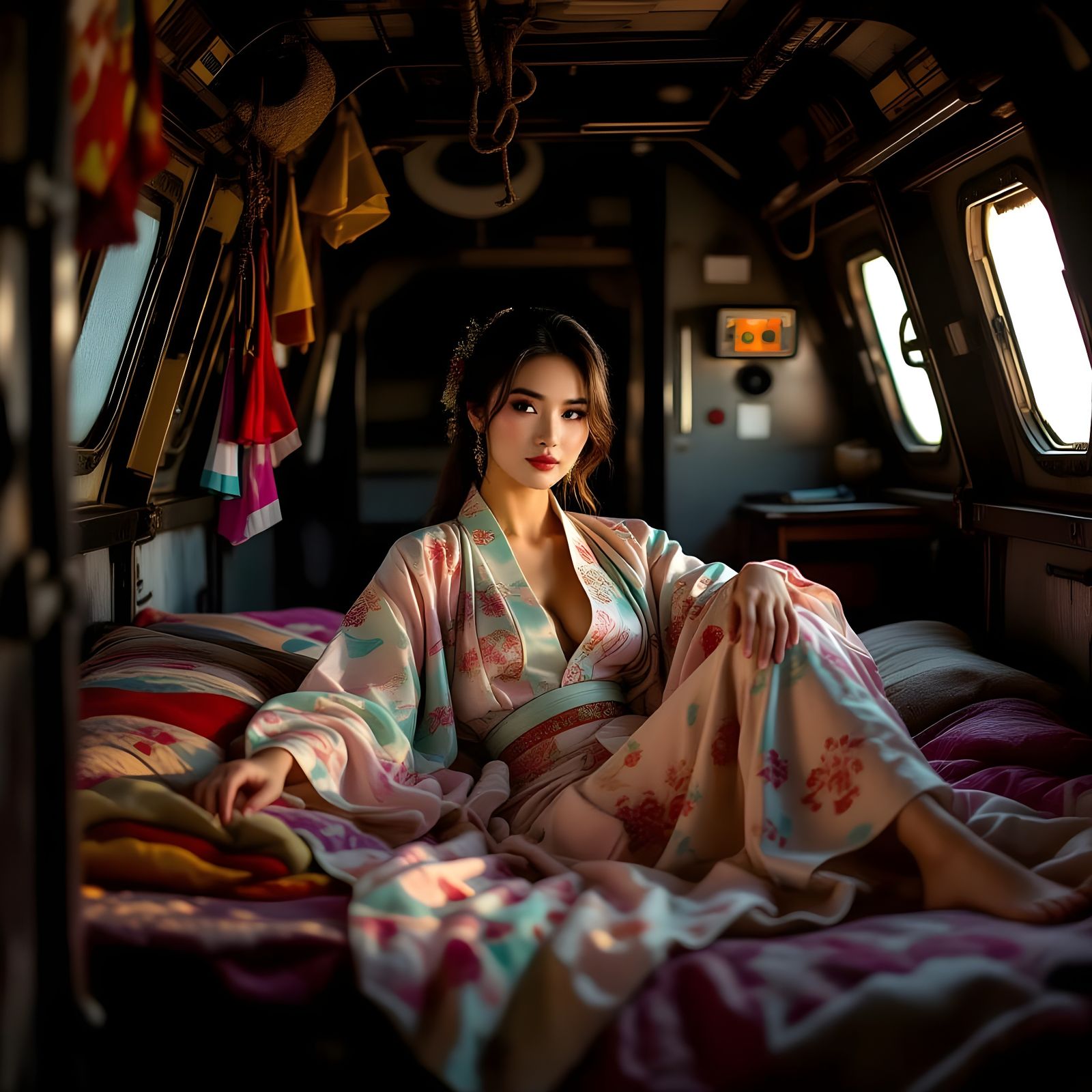 Vietnamese-American Woman in Intimate Repose on Spaceship Bu...