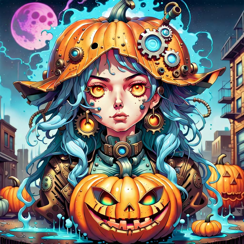 Steampunk Cyber Pumpkin: Holographic Cosmic Graffiti Art