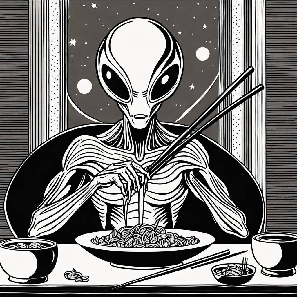 Pop Art Alien Eats with Chopsticks in Line Art