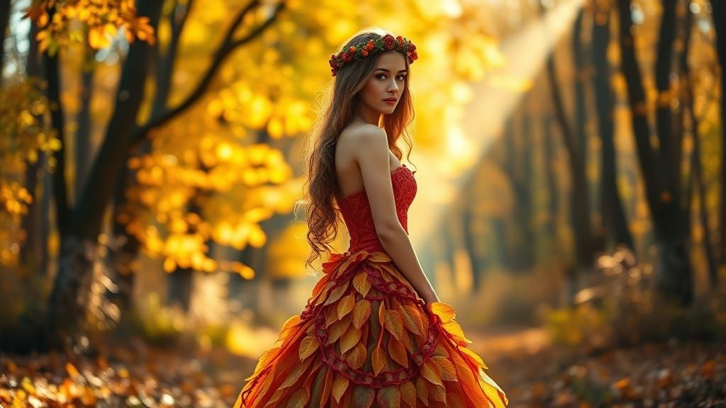Ethereal Autumn Goddess in Leaf Gown