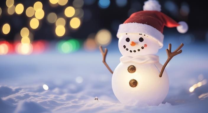 Cute Snowman with Christmas Lights and Bokeh