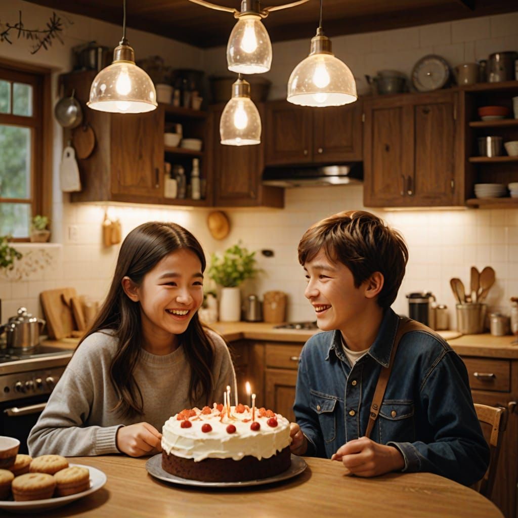 Happy Kids Share Cake in Cozy Kitchen