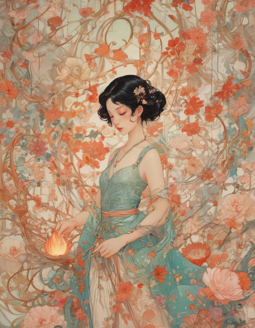 Surreal Swirling Flames and Glass Floral Scales