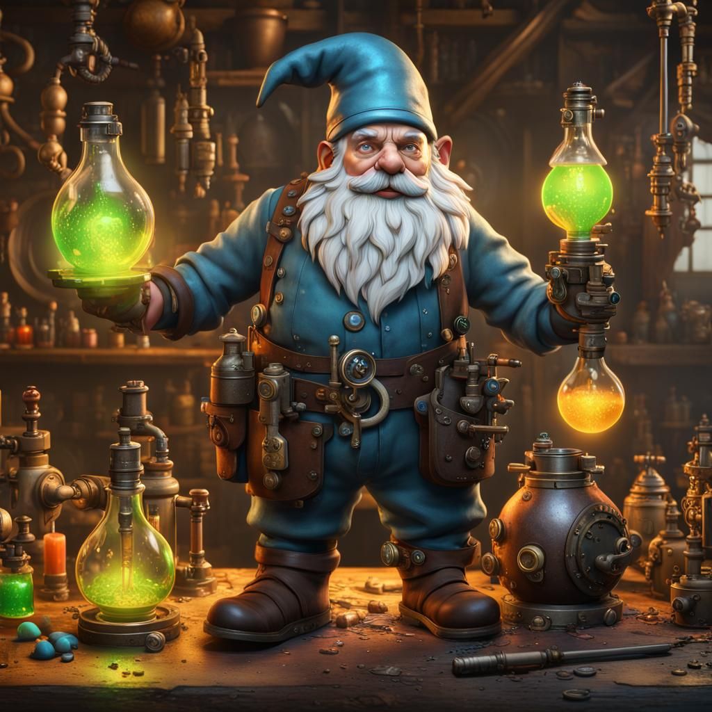 Steampunk Gnome Alchemist in Detailed Workshop