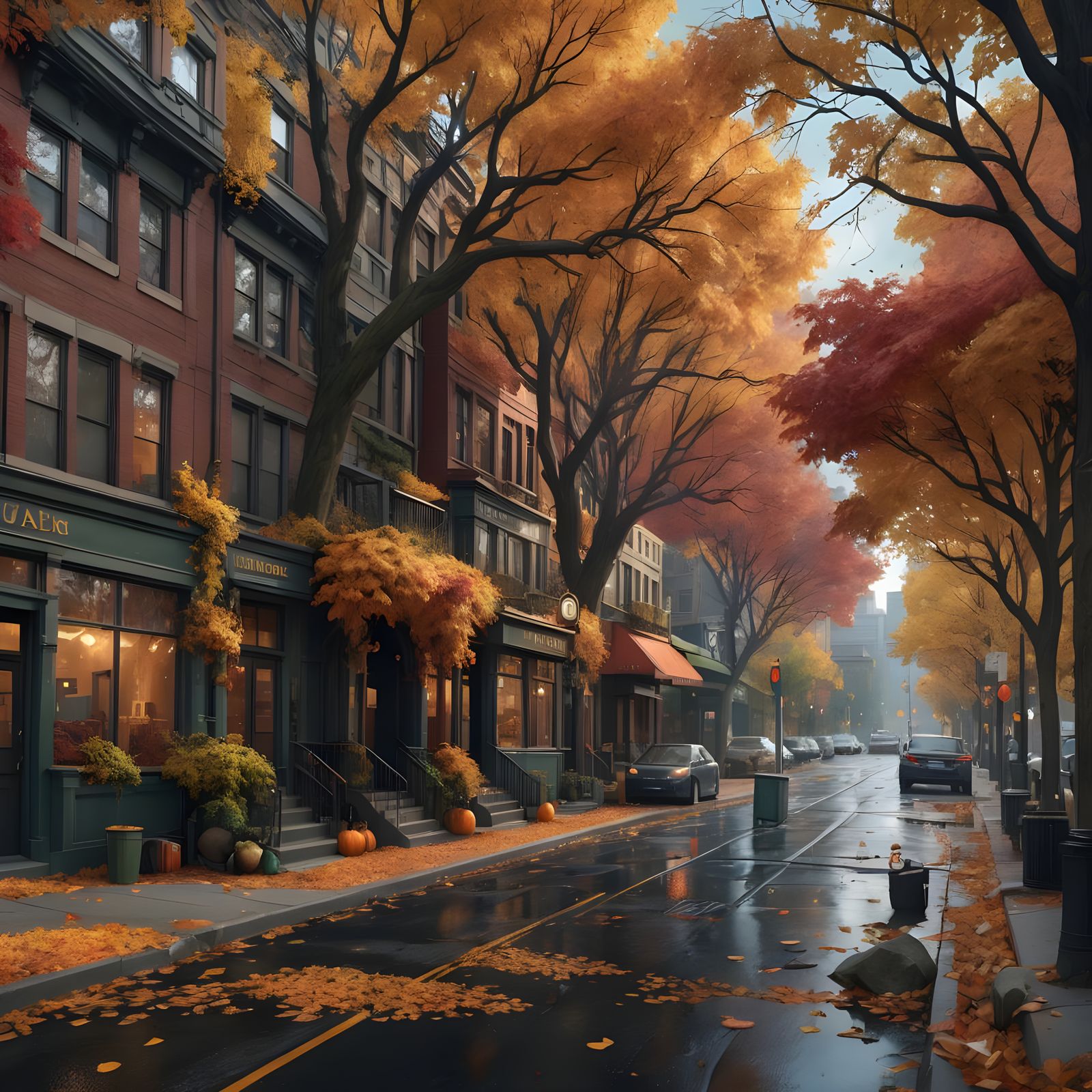 Autumn Seattle Street: Detailed Matte Painting
