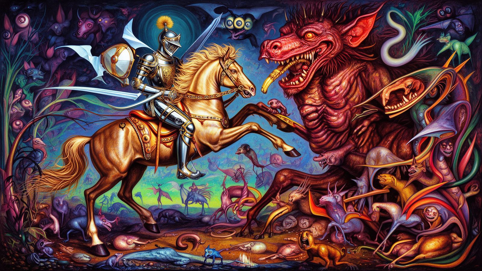 Surreal Battle: Knight vs. Demon in Escher Bosch Style