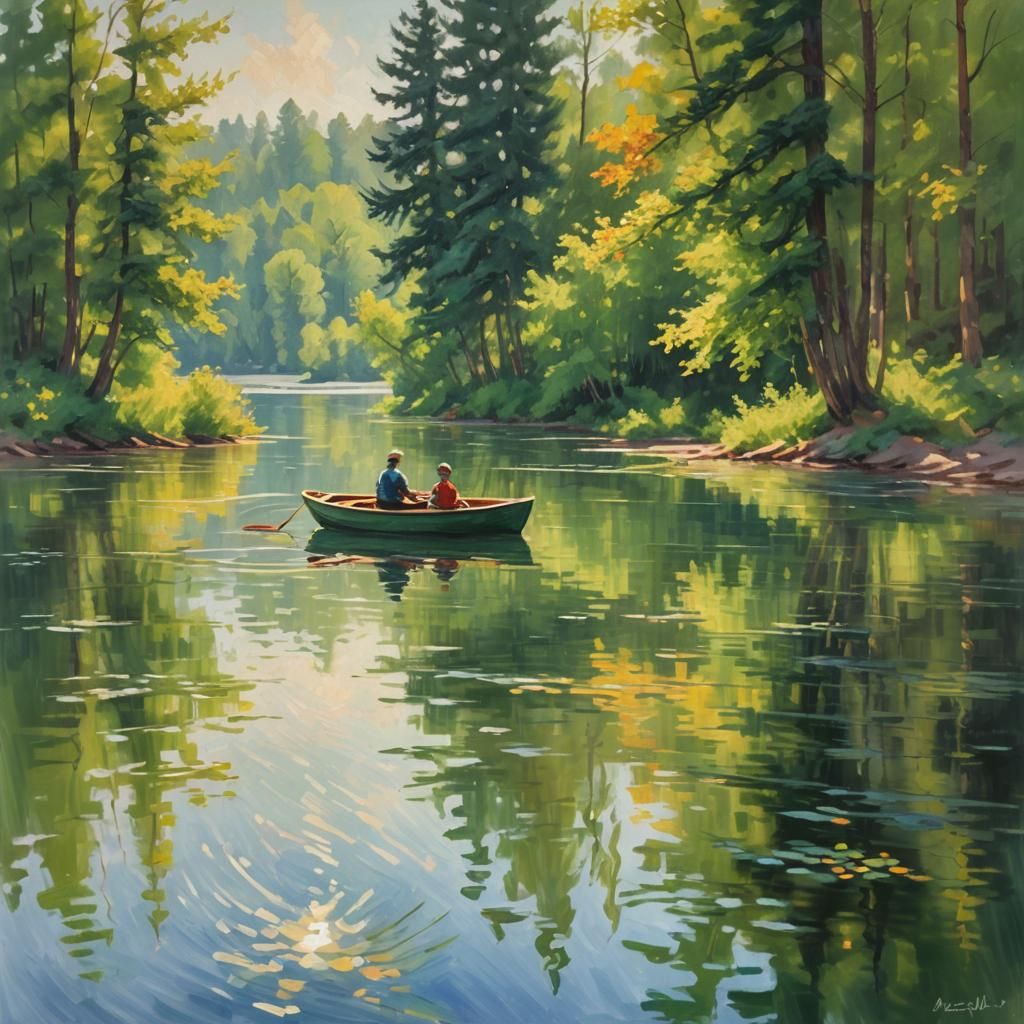 Impressionist Lake Scene in Warm Sunlight