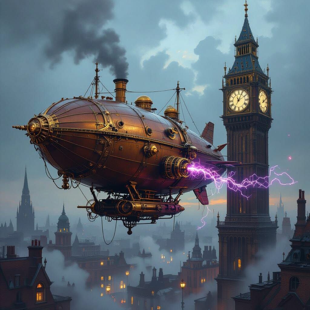 Steampunk Airship Docks in Victorian City, Digital Painting
