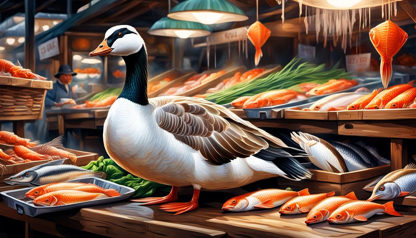 Goose Browsing Fish Stall: Photorealistic Market Scene