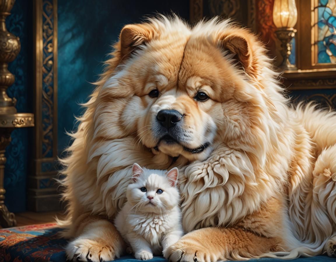 Chow Chow and Angora Cat Fantasy Art