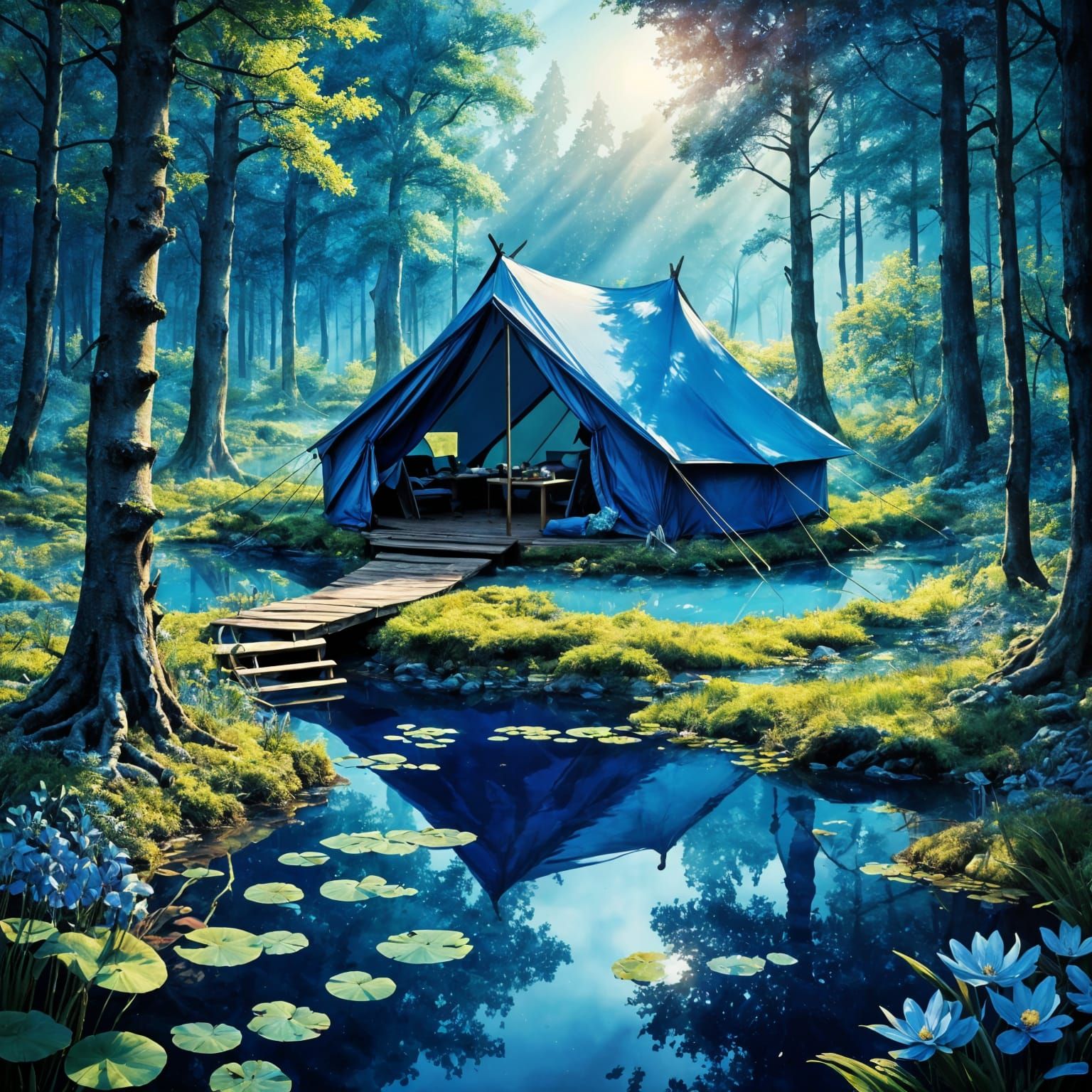 Blue Pond and Tent at Sunset: Fantasycore Artwork