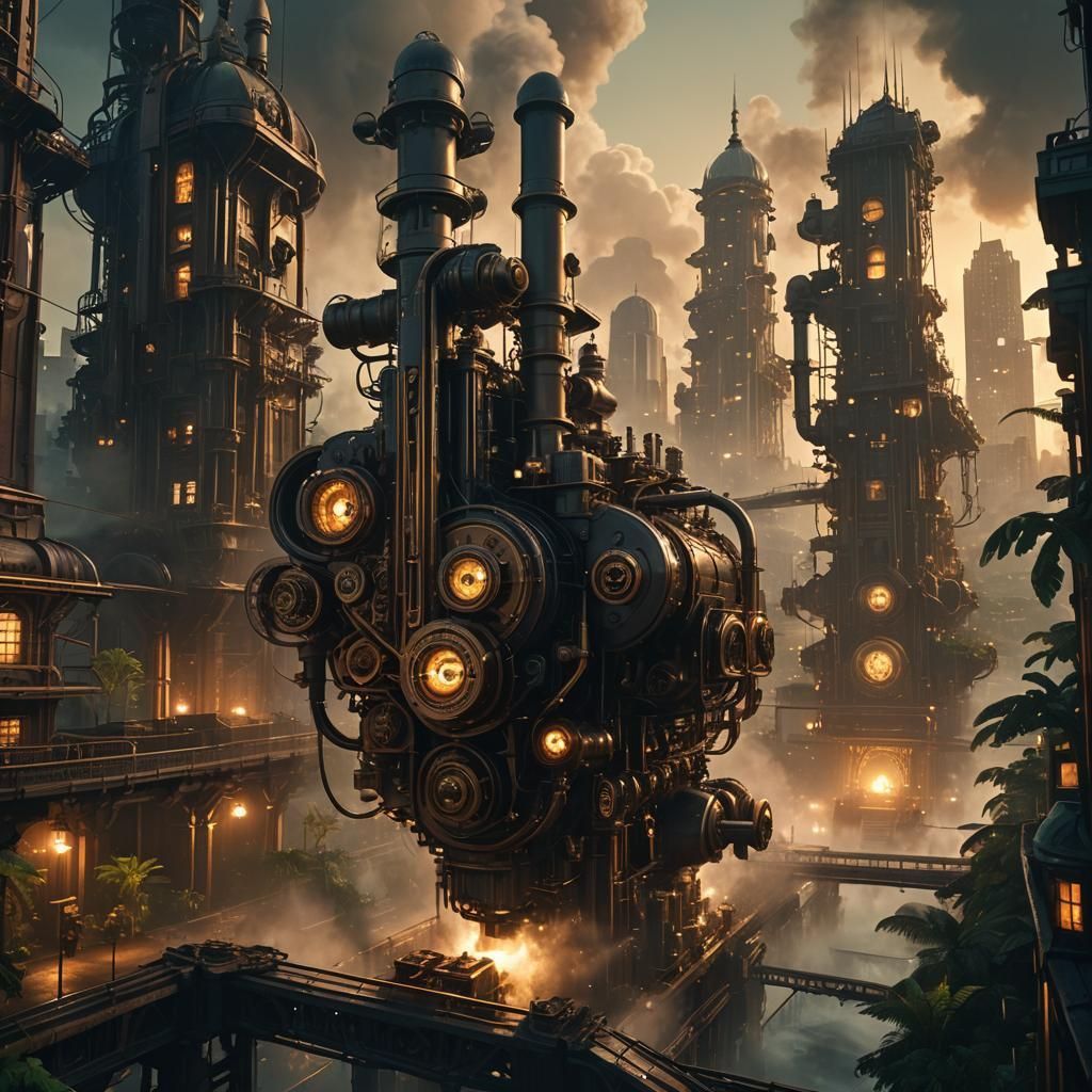 Steampunk Engine Dominates Tropical Art Deco Cityscape