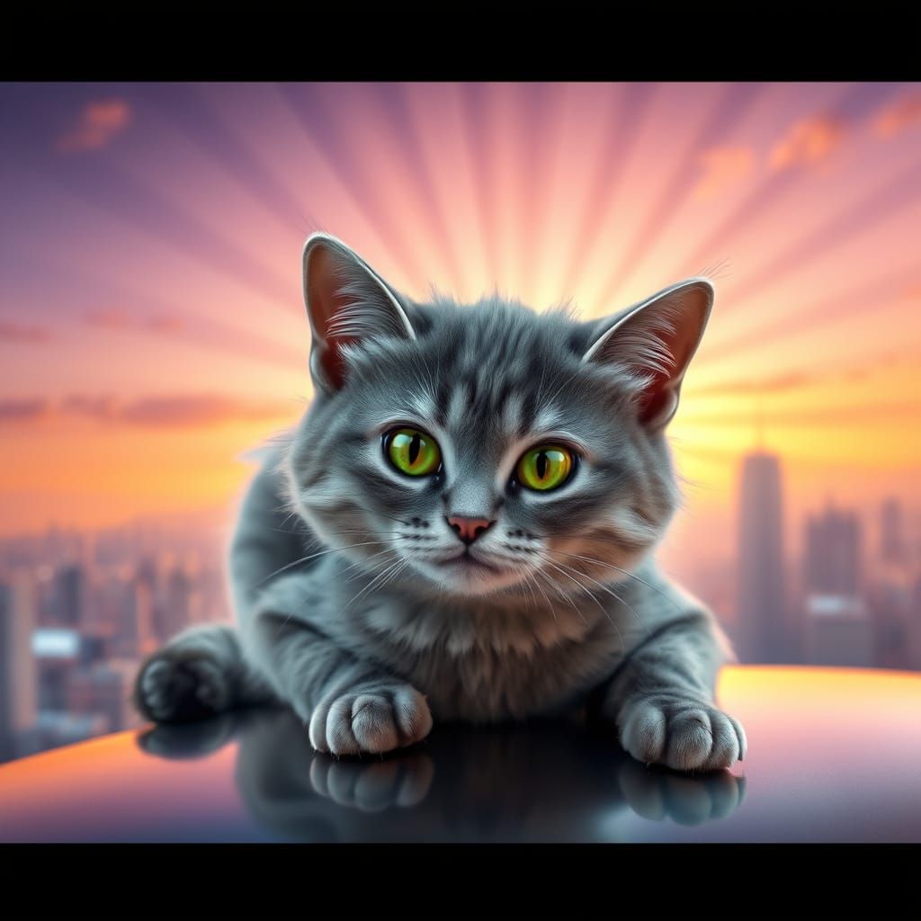 Regal Grey Tabby Cat in Futuristic Cityscape