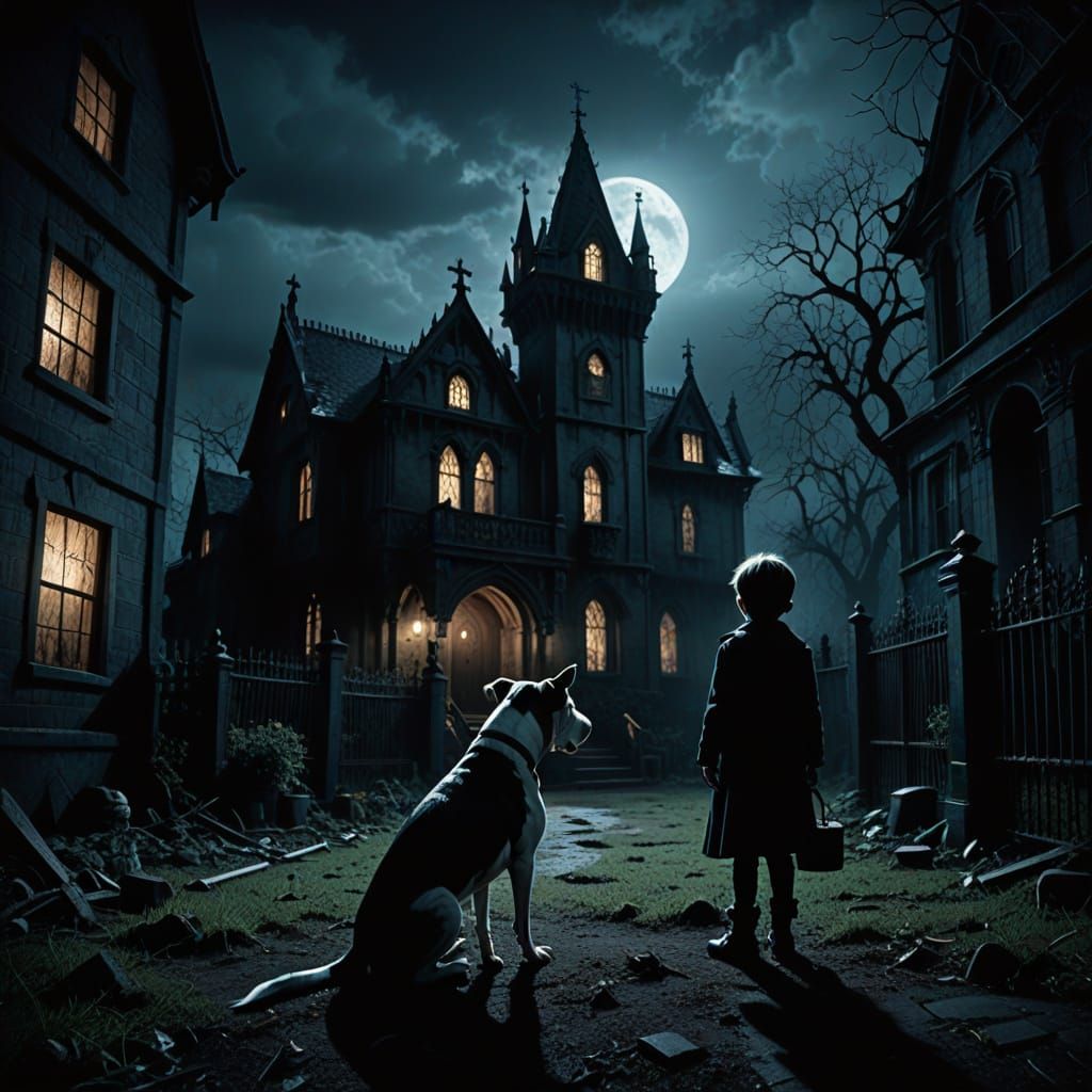 Gothic Whimsy: A Child's Dark Companion in a Stormy Night